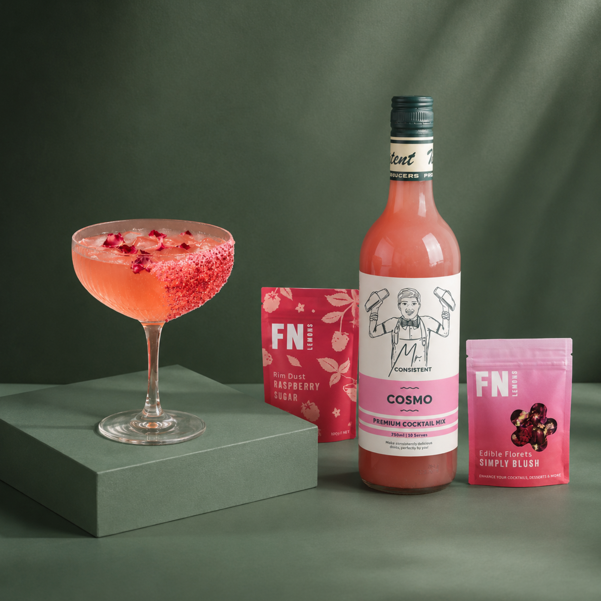 Kiss From a Rose cocktail and mocktail kit with floral garnish